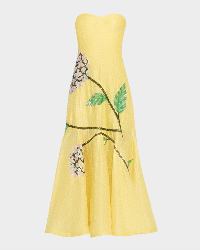 Hydrangea Embellished Polka-Dot Organza Strapless Gown